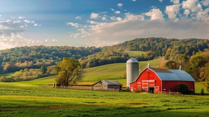 A scenic farm landscape with a red barn, silos, and rolling hills in the background