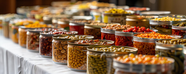 Fototapeta premium An assorted variety of colorful preserved fruits and vegetables displayed in glass jars on a long table at a market or fair.