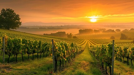 Naklejka premium A scenic view of a vineyard at sunrise, with rows of grapevines stretching into the distance