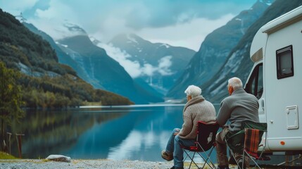 A senior couple traveling in an RV, exploring new places and enjoying their retirement
