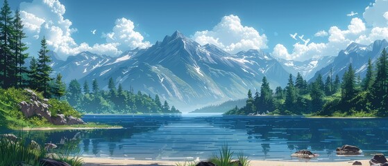 Tranquil Mountain Lake Reflects a Serene Sky