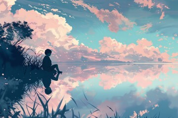 Obraz premium Sitting by a tranquil lake, a person watches fluffy clouds reflect in the shimmering water below, cozy vibe, Generative AI