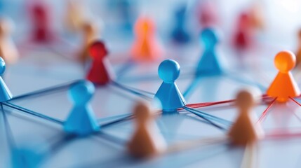 Colorful game pieces connected by lines representing a social network or communication web on a light blue background.