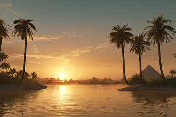 Landscape view of ancient Egypt with the pyramids in the background in summer, a magical atmosphere with the Nile river flowing nearby.