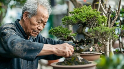 A senior man tending to his bonsai trees, carefully pruning and shaping them with patience