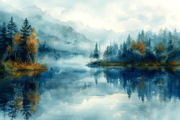 Naklejka premium Watercolor painting of a peaceful morning fog over a lake, copy space banner, vintage background