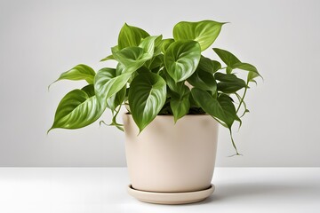 Obraz premium Golden pothos plant in pot white background, AI Generated