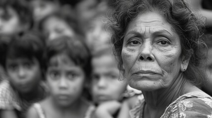 4K ultra high definition black and white retro photos, middle-aged Brazilian woman and children in the crowd, facing the camera, strong movie sense, national geographic style, deep focus