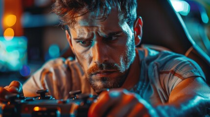 Obraz premium Out of Shape Male Attempting to Fix a Joystick and Failing, Frustrated Expression in a Casual Setting, Depicting the Challenges of Repair and Technical Difficulties