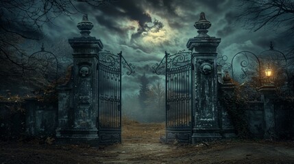Gate with Halloween theme background. Scary cemetery gate. Concept of Halloween Day and Pumpkin Day