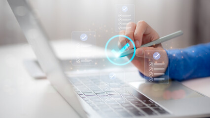 Businessman using tablet and laptop Online survey filling out, digital form checklist, Business...