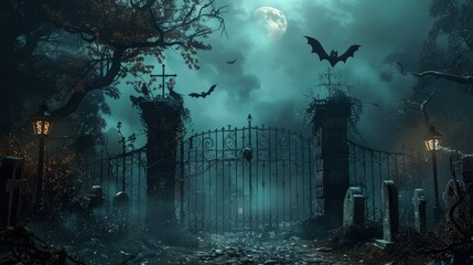 Gate with Halloween theme background. Scary cemetery gate. Concept of Halloween Day and Pumpkin Day
