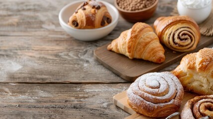 A rustic wooden table laden with a variety of breakfast pastries.