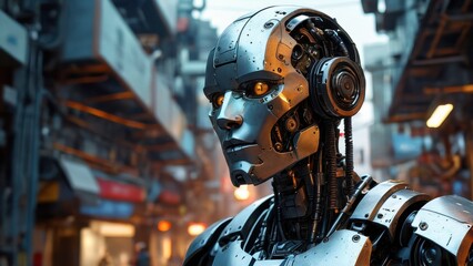 Fototapeta premium Futuristic Robot in Cityscape.