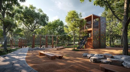 A modern playground with a focus on physical fitness, featuring climbing walls, monkey bars, and obstacle courses.