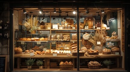 The advertising poster displayed in the bakery window showcases the enticing visual effect of fresh bread and pastries. Freshly baked goods, warm atmosphere, and mouth watering deliciousness.