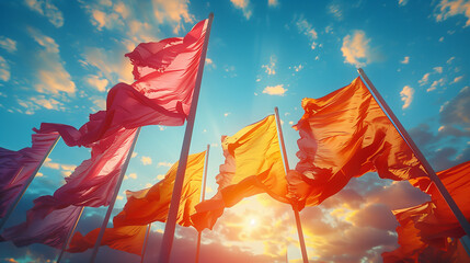 Patriotic Display: Flags Waving at a Parade with Billowing Vibrant Banners