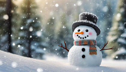 Obraz premium Snowman with hat and scarf sits in the forest, Christmas winter scene, text space