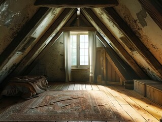 An attic with a rug and a window.