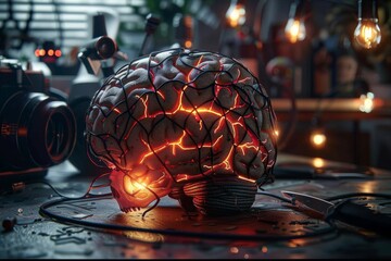 Brain with neon lights in a futuristic digital illustration