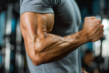 man with a muscular arm flexes his arm in a gym. Concept of strength and determination, as the man's muscles are clearly visible and he is in the middle of a workout