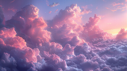 Fototapeta premium Dawn's Soft Glow: Fluffy Pink Clouds Spread Across the Sunrise Sky