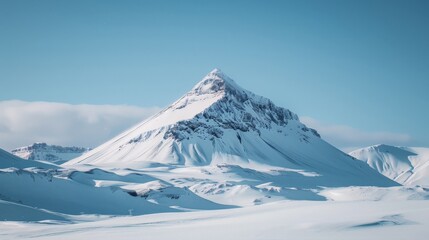 A snow-covered mountain peak against a clear blue sky, with the surrounding landscape blanketed in white