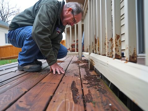 Man inspecting damaged wooden deck for repair. Home maintenance issue with rotten wood siding and worn boards.