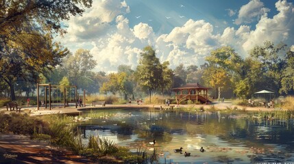 Fototapeta premium A serene playground by a lake, with children playing on swings and slides while ducks swim nearby.