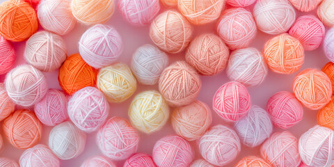 Obraz premium A close-up, seamless photographic pattern of pastel-colored acrylic yarn balls densely packed to fill the entire canvas, with their vibrant textures and hues clearly visible