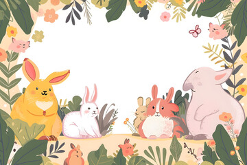 Naklejka premium A group of rabbits are sitting in a forest with leaves and plants