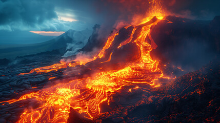 Fototapeta premium Volcano Spewing Lava: The Fiery Glow of Molten Rock in Motion