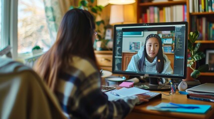A student attending an online tutoring session, with a tutor on the screen and study materials on the desk