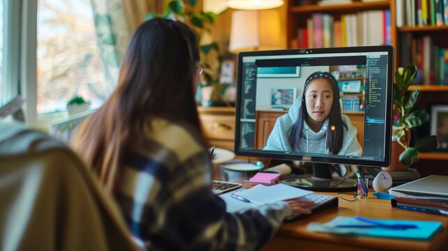 A student attending an online tutoring session, with a tutor on the screen and study materials on the desk
