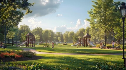 Obraz premium A lively playground scene with children playing a game of soccer on a grassy field adjacent to the play equipment.