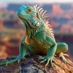Fototapeta premium A Green Iguana on a Rock: Vivid and Alert in a Rugged Terrain