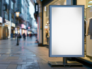Fototapeta premium A close-up shot of a blank advertisement board placed outside a modern retail store on a busy urban street. 