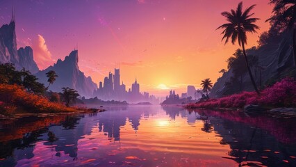 Fototapeta premium Sunset Over A Fantasy Cityscape.