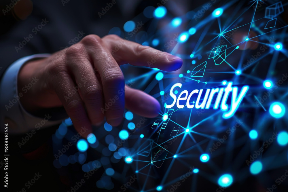 Wall mural a business hand points towards a holographic display showcasing cyber security symbols with security