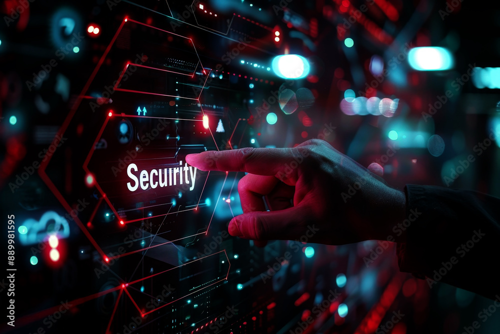 Wall mural a business hand points towards a holographic display showcasing cyber security symbols with security
