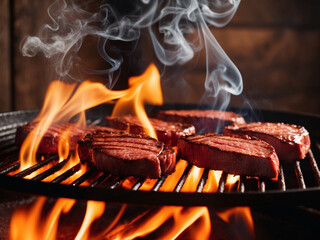 Juicy steaks being grilled over an open flame, with smoke rising and a charred exterior.