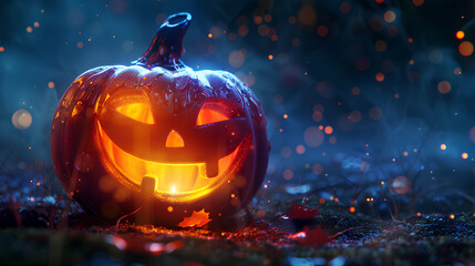 Naklejka premium Closeup of cute funny laughing jack o lantern, illuminated by the moon light.