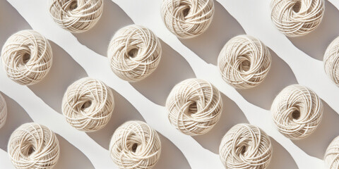 A background of acrylic yarn, each with its shadow, scattered across the canvas in an elegant display, with soft shadows on a white background