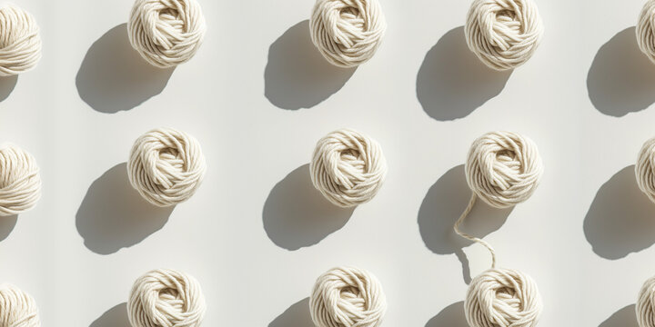 A background of acrylic yarn, each with its shadow, scattered across the canvas in an elegant display, with soft shadows on a white background