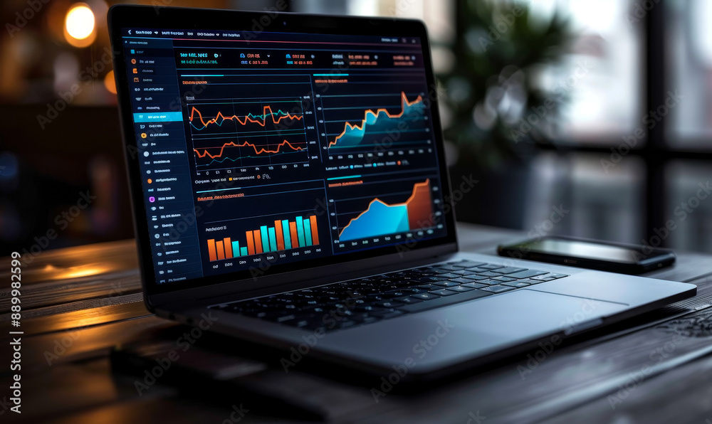 Poster advanced data analysis on laptop screen with graphs and charts in modern office evening setting