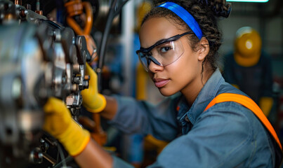 Female Mechanic Performing Maintenance on Industrial Compressor Engine in Workshop, Evening Shift, Determined Expression, Professional Repair Work