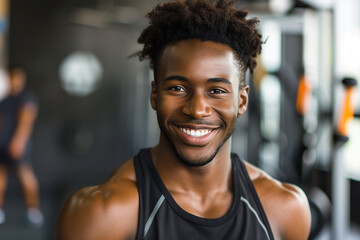 man with a smile on his face is wearing a black tank top. He is standing in a gym