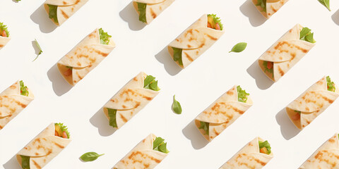 Fototapeta premium A background of burritos, each with its shadow, scattered across the canvas in an elegant display, with soft shadows on a white background