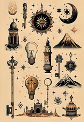 Ornate Vintage Tattoo Flash Sheet with Celestial and Nautical Elements