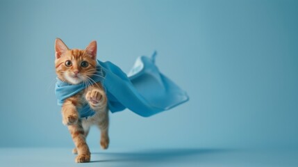 Fototapeta premium Superhero cat concept, Cute orange tabby kitty with a blue cloak and mask jumping and flying on light blue background with copy space. The concept of a superhero, super cat, leader.
